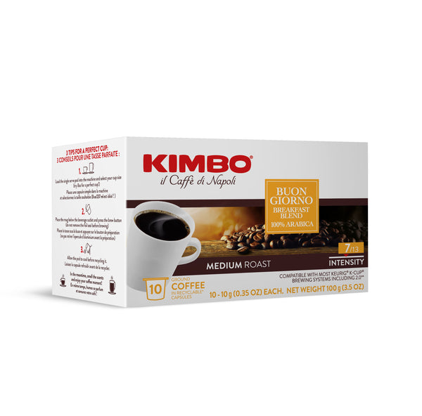 Box of 10 Keurig K-cups from Kimbo, breakfasts blend coffee pods imported from Italy
