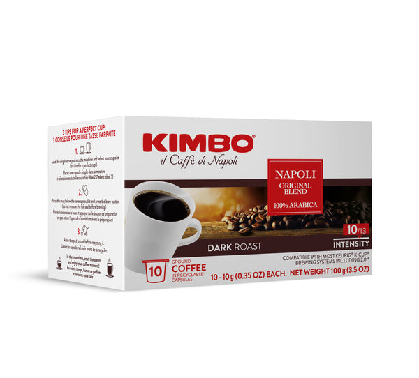 Box of 10 Keurig K-cups from Kimbo, dark roast coffee pods imported from Italy