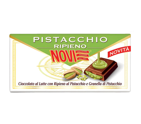 Extra fine milk chocolate bar with pistachio cream filling, imported from Italy for wholesale