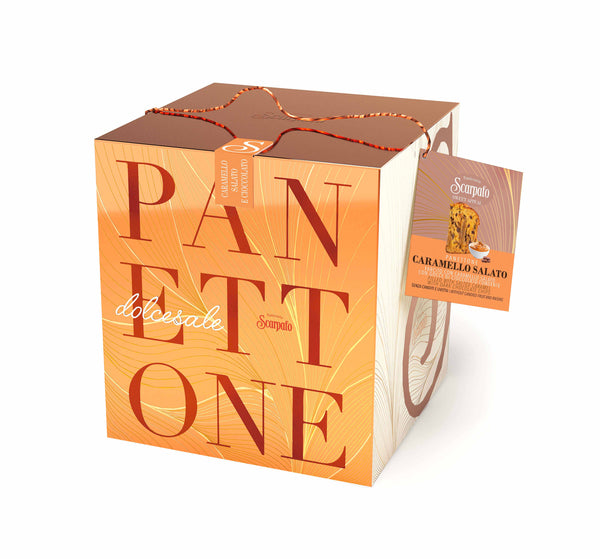 Panettone salted caramel box from Scarpato, imported from Italy