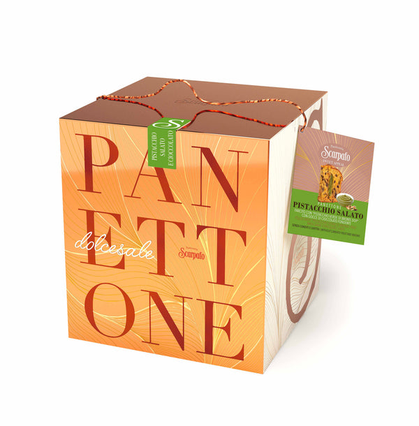 Panettone salted pistachio box from Scarpato, imported from Italy