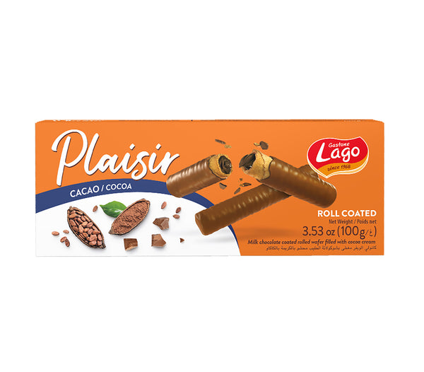 Plaisir roll coated cacao cookies from Lago, imported from Italy