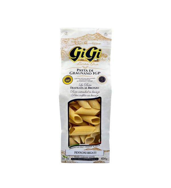 Pennoni rigate pasta box from Gigi Linea Oro. Imported from Italy.