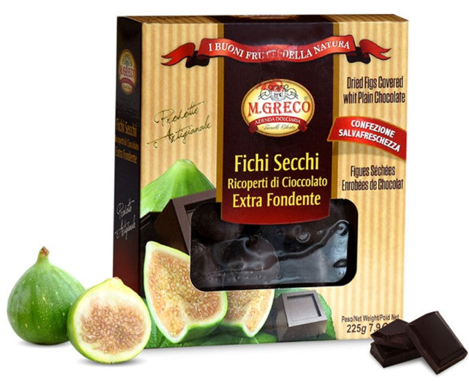 Dried figs with plain chocolate from M. Greco. Imported from Italy.